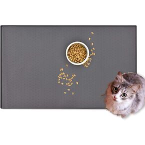 Silicone Pet Food Mats Waterproof 24" x 18" Large Dog Cat Feeding Mats for Floors, Non Slip High Raised Edges Lip to Prevent Spill, Pet Water Mats for Carpet Indoor Protect Floors, Grey