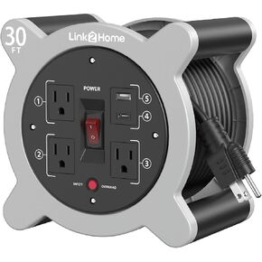 Link2Home Cord Reel 30 ft. Extension Cord 3 Power Outlets, 2 USB Ports A/C, 2.4A Fast Charge – 16 AWG SJT Cable.