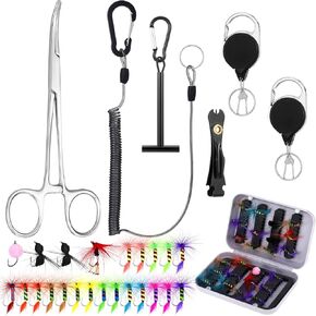 31 Pcs Fly Fishing Tools Fly Fishing Flies Kit, Fishing Accessories Stainless Steel Hemostat, Line Clipper Retractor, Tippet Holder, Hook Remover Forceps, Spool Holder, Fly Box