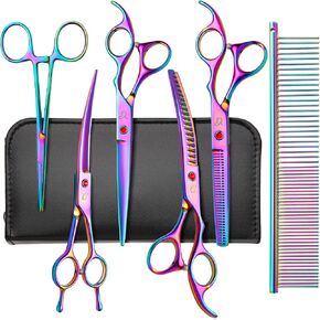 Dog Grooming Scissors,Rainbow Curved Scissors with Safety Round Tips,Sharp and Durable 6 in 1 Dog Scissors for Grooming