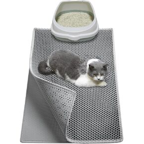 Cat Litter Mat, Large 30" X 24" Double Layer Litter Trapping Mat, EVA Kitty Litter Mat, Honeycomb Holes Scatter Control, Soft on Kitty Paws, Gray