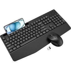 Wireless Keyboard and Mouse Combo, Full-Sized Ergonomic Keyboard with Wrist Rest, Phone Holder, Sleep Mode, Lag-Free, Silent 2.4GHz Cordless Computer Keyboard Mouse for Laptop, PC, Window(Black)