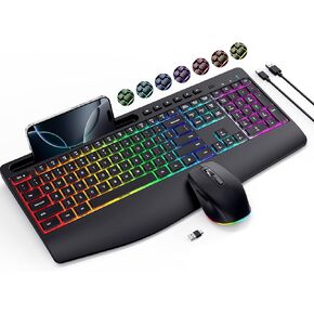 Wireless Keyboard and Mouse Combo- VEILZOR 2.4G Rechargeable Keyboard with Phone Holder, Ergonomic Wrist Rest, 9 RGB Backlit Effects, Silent Keyboard Mouse Set for Windows, Laptop, PC