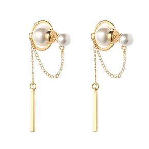 CLEBLE | Double Pearl Dangle Earrings/Gold Chain Tassel Drop Earrings/Double Pearl Back Ear Jacket Earrings/Elegant Kpop Korean Dainty Earrings Gold