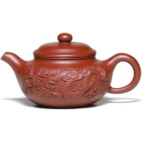 Zisha Teapot 8 Oz Yixing Clay Tea Pot with Filter,Handmade Dragon Relief Fanggu,Chinese Kung Fu Tea Maker Set
