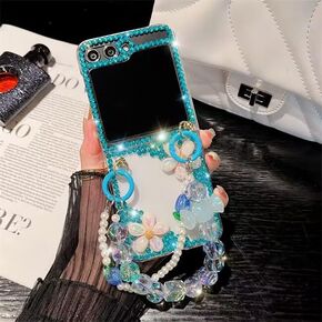 Sparkle Case for Samsung Galaxy Z Flip 6 5G with Chain,Women Girls Cute Bling Glitter Case Flower Pearl Diamond Crystal Rhinestone 3D Handmade with Bracelet Wristband Strap Keychain(White)