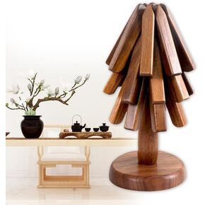 Wooden Trivets for Hot Dishes, Folding Tree Shape Black Walnut Wood Table Mat, Non-Slip Pot Holders Heat Insulated Pad, Trivet Set Wood Coasters for Teapot Hot Pots