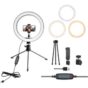 10" Selfie Ring Light with 10" Stand and 60" Selfie Stick, 3 Color Light Adjustment Suitable for Phones and Cameras, Makeup/Live Streaming/Taking Photos