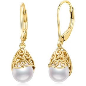 Gold Pearl Earrings for Women 14K Gold Filigree Pearl Dangle Earrings Fine Leverback Drop Earrings Jewelry Christmas Gifts for Women Her