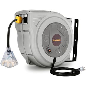 65+6.5FT Retractable Extension Cord Reel, 12AWG/3C Power Cord Reel with Triple Tap Outlet, 180° Swivel and 15 Amp Circuit Breaker for Workshop, Garage