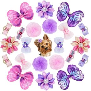 22 Pieces Cute Dog Hair Bows with Elastic Rubber Bands, Small Puppy Hair Accessories with Butterfly Flower Pearls Double Bow for Pets Dogs Cats Hair Grooming (Purple and Pink)