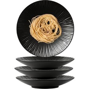 Claytonic Set of 4-Japanese Style Porcelain Round Dinner Plates, Versatile Circular Serving Plates for Pasta, Salad, Steak Dinner (Black, 8.8 Inches)