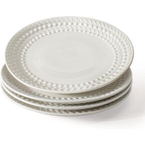 Large Dinner Plates Set of 4-10.75 Inch Ceramic Plates Embossed Salad Plates Modern White Round Serving Dishes for Kitchen - Microwave, Oven and Dishwasher Safe (Multiple Patterns)