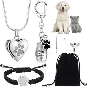 Tondiamo 3 Pcs Pet Cremation Jewelry for Ashes Dog Urns Keychain Cat Heart Urn Necklace Paw Print Bracelet Memorial Keepsake for Ashes with Filling Kit Storage Bag(Silver)