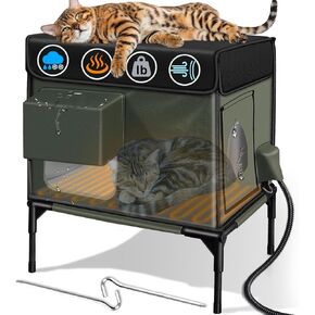 Heated Cat House for Outside Cat Insulated in Winter,Fully Waterproof,with Adjustable Awning,Escape Door,Indoor Outdoor Cat Shelter for Feral Stray Barn Cat to Stay Warm&Dry,Army Green,13x18.5x21.2in