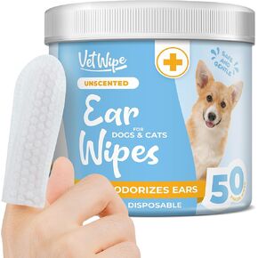 Dog Ear Cleaner Wipes - Finger Ear Wipes for Dogs & Cats with Otic Cleaning Solution, Sooths and Deodorizes. Pet Ear Relief - 50 Count, White