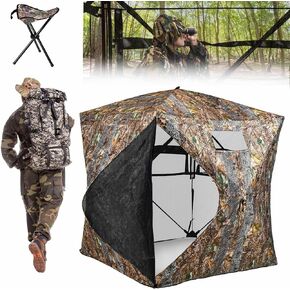 YITAHOME Hunting Blind 360° See Through Ground Blind for Deer Hunting, 2-3 & 3-4 Person Pop-up Hunting Deer Blind Turkey Blind with Tri-Leg Hunting Chair, Silent Magnetic Zipper Door and Carring Bag