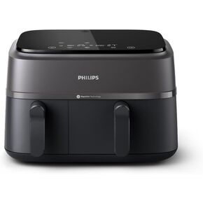 Philips Dual Basket Air Fryer 3000 Series, 8-in-1 functions, 9.5 Quarts, 2 Drawers, Auto-sync Cooking Time, 90% Less Fat, Rapid Air Technology, HomeID Recipe App, Dishwasher Safe, Black, (NA350/00)