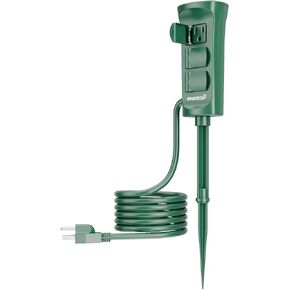 OviiTech Outdoor Yard Power Stake with Timer, 6 Outlets Double-Sided with Safety Cover and Switch Off/ON, 9Ft Extension Cord, Waterproof, Green,1875W/15A ETL Certified