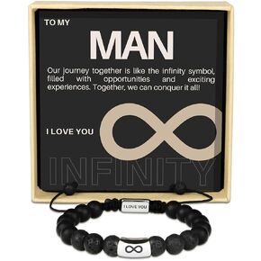 Infinity Beaded Bracelet - Birthday, Christmas, Anniversary Gifts for Men - Genuine 8mm Lava Stone and Onyx - Unique Gifts for Husband, Boyfriend, Son, Dad, Grandson, Man (To My Husband)