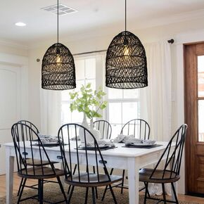 Arturesthome 1 Light Rustic Rattan Basket Pendant Light Fixture, Boho Wicker Chandelier Lamp Black, Coastal Handmade Crafts Lampshade, Farmhouse Hanging Ceiling Lighting for Dining Kitchen