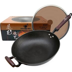 Cast Iron Wok Pan, 12.6" Preseasoned Nonstick Stir-Fry Pans, Flat Bottom Wok with Glass Lid and Wood Handle, Uncoated Traditional Chinese Wok for Induction, Electric, Gas Stoves