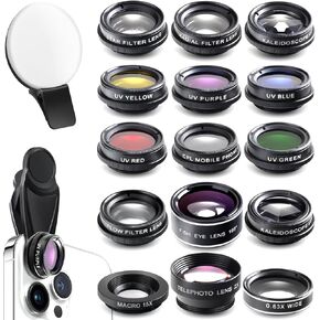 16 Pcs Phone Camera Lens Kit, 16 in 1 Lenses with Selfie Light is Compatible with iPhone14/13/12/11/X and Most Phone, Universal Clip on Cell Phone Kaleidoscope Lens, 198 Degree Fisheye Lensand More.