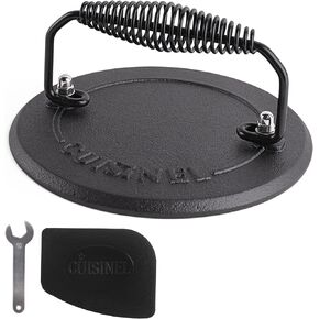 Cuisinel Grill Press - Cast Iron Burger Press for Bacon, Steak and Smashed Hamburgers - 7.5" Round Pre-Seasoned 4-lb. Weight Sandwich/Panini Maker - Griddle, BBQ, Grill Accessory
