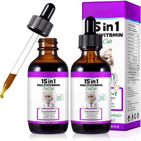 Cat Multivitamin,15 in 1 Cat Multivitamin Liquid Drops Supplements, Cat Vitamins for Heart Health, Bones, Joint, Skin & Coat, Bladder, Immune System Support 60ml