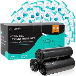 60 Portable Toilet Bags Poo Gel Set, 8 Gallon Camping Toilet Bags with Absorbent Toilet Gel, Toilet Waste Bags, Leak-Proof Trash Bags for Camping Toilet, Traveling (Black-30Bags+30Urine Gel)