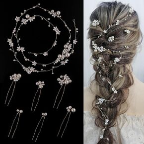 Handmade Pearl Bridal Hair Vine, Wedding Hair Accessories Sparkling Pins Set Bride Wedding Pieces for Women and Girls Hair Jewelry Brides Headpieces Crystal 40'' Light Gold 7 Pcs