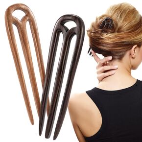 Noverlife 2PCS U Shape Wooden Hair Sticks, Handmade Carved Ebony Sandalwood French Hair Forks, with Cute Cat Kitty Design, 2-Prong Vintage Wood Hair Pins for Women Chignon Bun Updo Hairstyle