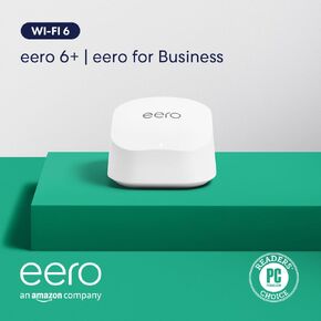 نظام Amazon eero 6+ Mesh wifi مع eero مجاني لمدة شهر واحد للأعمال (يتم تجديده تلقائيًا سنويًا) - تغطية تصل إلى 3000 قدم مربع، توصيل أكثر من 75 جهازًا، عبوتان
