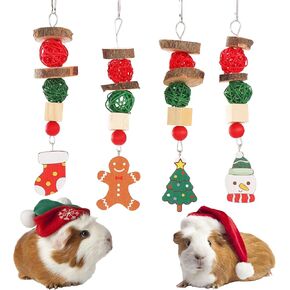 LUCKITTY 4 Packs Christmas Small Animals Toys Treats for Teeth Grinding- Gingerbread Christmas Tree Socks Snow Man Cage Hanging Accessories for Guinea Pig Bunny Rabbit Cane Hamster Chinchilla