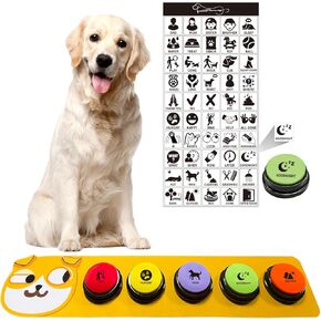 5-Pack Dog Talk Button Set, 30-Second Recorded Talk Buttons for Communication with Dogs with 50 Scene Stickers and Non-Slip Mat for Pet Training, Buzzer for Pet Talk Training