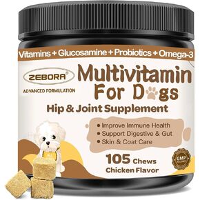 Dog Multivitamin with Minerals for Overall Health - Dog Vitamins and Supplements with Glucosamine, Probiotics for Puppy & Senior Dogs with Minerals - Omega 3 Fish Oil for Skin & Coat - 105 Chews