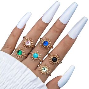 6PCS Boho Sun Rings Set for Women Vintage Knuckle Stackable Rings Rhinestone Finger Rings Color Rhinestone Rings Dainty Cubic Zirconia Crystal Rings Jewelry for Teen Girls Gifts