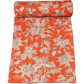 Marubhumi Quilts Handmade Traditional Pure Cotton Jungle Print Kantha Quilt,Floral Printed Bed Cover Reversible, Comforter, Mehandi - Orange (90 x 108 Inches)