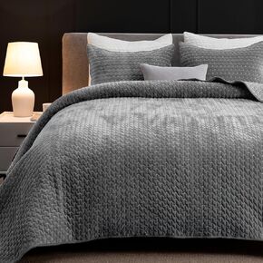 Powdion Velvet Quilt Queen, Oversized Bedspread Quilted Bedding Set, Luxurious Soft Coverlet Set Lightweight Velvet Comforter with 2 Pillow Shams, Gold Caramel, Cross Stitch Striped Quilt Queen