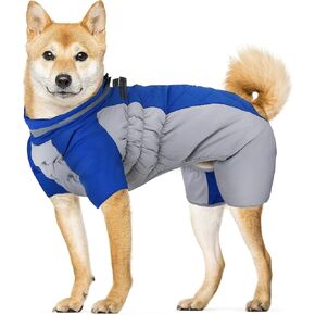 معطف كامل الجسم للكلاب الكبيرة جدًا - سترة شتوية للكلاب مقاومة للماء والرياح مع حزام مدمج، معطف شتوي من الصوف الدافئ العاكس بأربعة أرجل مع سحاب لسهولة الاستخدام، أزرق - XL in Kuwait