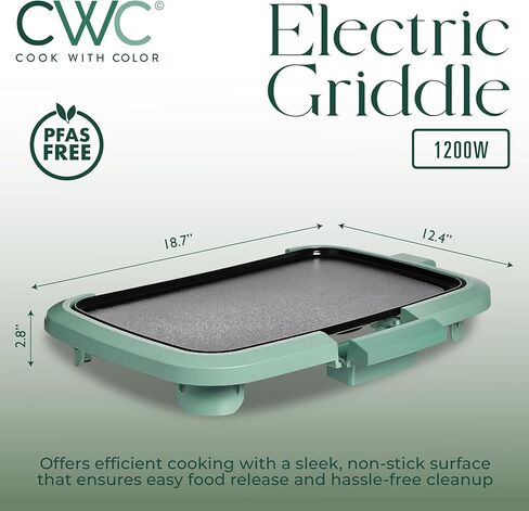 COOK WITH COLOR Electric Griddle 1200W, Nonstick Surface for Pancakes, Burgers, Eggs & More, Removable Temperature Control, Slide-Out Drip Tray, 10" x 16" Cooking Area, Black in Kuwait