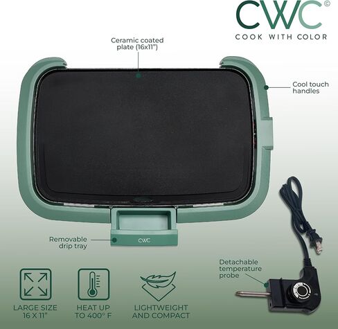 COOK WITH COLOR Electric Griddle 1200W, Nonstick Surface for Pancakes, Burgers, Eggs & More, Removable Temperature Control, Slide-Out Drip Tray, 10" x 16" Cooking Area, Black in Kuwait