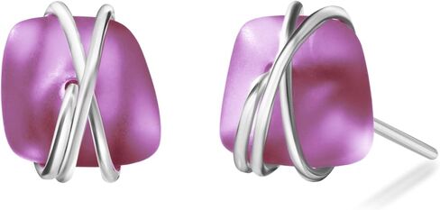 Sea Glass Earrings S990 Sterling Silver Hypoallergenic Handmade Stud Post Earrings Beach Glass Fashion Statement Handcraft Jewelry for Women Girls (L, Purple) in Kuwait