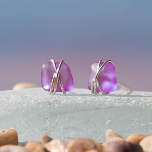 Sea Glass Earrings S990 Sterling Silver Hypoallergenic Handmade Stud Post Earrings Beach Glass Fashion Statement Handcraft Jewelry for Women Girls (L, Purple) in Kuwait