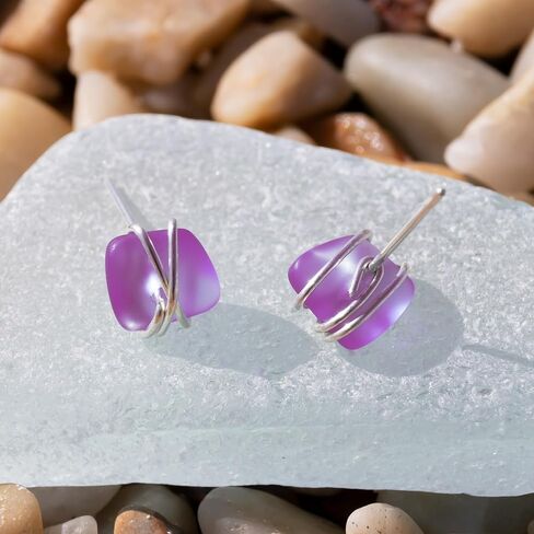 Sea Glass Earrings S990 Sterling Silver Hypoallergenic Handmade Stud Post Earrings Beach Glass Fashion Statement Handcraft Jewelry for Women Girls (L, Purple) in Kuwait