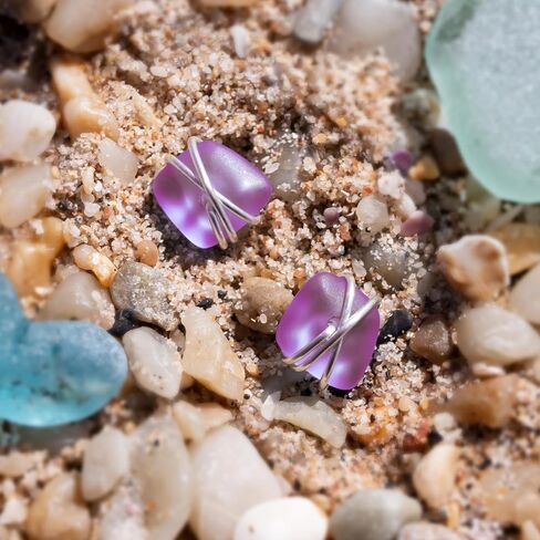 Sea Glass Earrings S990 Sterling Silver Hypoallergenic Handmade Stud Post Earrings Beach Glass Fashion Statement Handcraft Jewelry for Women Girls (L, Purple) in Kuwait