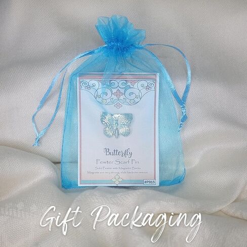 Pewter Butterfly Scarf Pin - Magnetic Back Closure No holes in Clothes - Gift Packaged Included - Small Gift for Friends, Teachers, Coworkers - Handcrafted in USA in Saudi Arabia