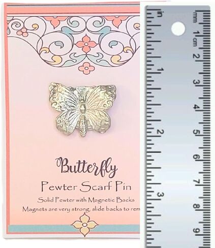 Pewter Butterfly Scarf Pin - Magnetic Back Closure No holes in Clothes - Gift Packaged Included - Small Gift for Friends, Teachers, Coworkers - Handcrafted in USA in Saudi Arabia