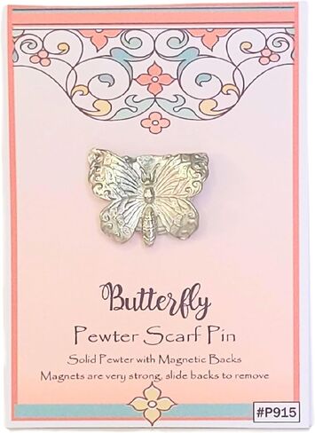 Pewter Butterfly Scarf Pin - Magnetic Back Closure No holes in Clothes - Gift Packaged Included - Small Gift for Friends, Teachers, Coworkers - Handcrafted in USA in Saudi Arabia