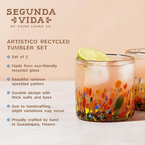 أكواب المشروبات Twine Segunda Vida Artistico Tumblers، مجموعة نظارات المكسيك هدايا بار الكوكتيل المنزلي، زجاج معاد تدويره بنسبة 100%، متعدد الألوان 10oz مجموعة من 2 in Saudi Arabia